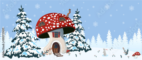 Winter frame, border, background, hand-drawn vector illustration, decorative element, design element,  forest, fir trees, mushroom, house, fly agaric, hare, plants, Scandinavian fairy tale, gnome, EPS