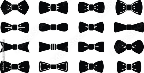 Elegant black bow tie silhouette vector collection showing various shapes and designs for fashion accessories, formal wear, and decoration.