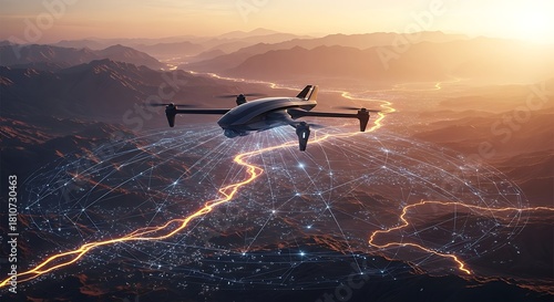 Fototapeta Naklejka Na Ścianę i Meble -  A drone flies over a city at sunset, its lights illuminating the streets and buildings below, with a network of data points connecting it all