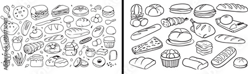 Bakery Illustration Drawing, Bread and Pastry Art, Hand Drawn Food Vector, Minimal Culinary Design, Black and White Bakery Sketch, Delicious Bread Illustration, Breakfast Food Artwork, Baked Goods Vec