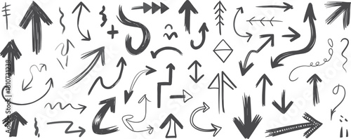 Set of hand drawn arrow vector illustrations, grunge black marker sketch design elements, direction pointers and curved lines isolated on white background.