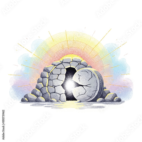 Illustration of an open tomb with a large stone rolled away, bright light emanating from within, and a sunrise in the background.