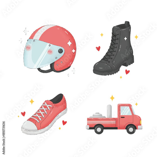 Four cute cartoon illustrations: a red motorcycle helmet, a black laced boot, a red sneaker, and a red pickup truck.