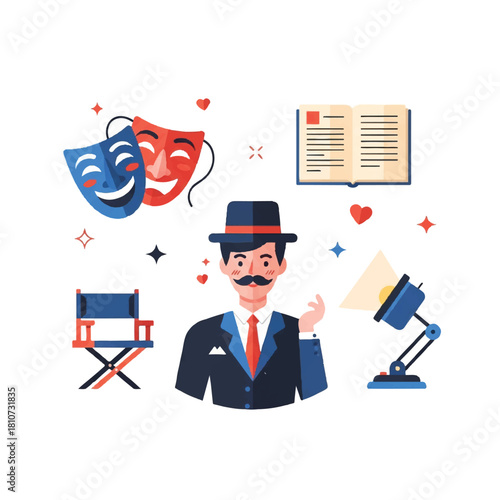Illustration showing a man in a suit and hat surrounded by theatrical elements: masks, a director's chair, a book, and a spotlight.