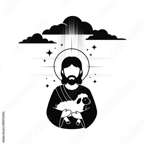 A stylized illustration of Jesus Christ holding a lamb, with a halo, clouds, and stars in a black and white design.