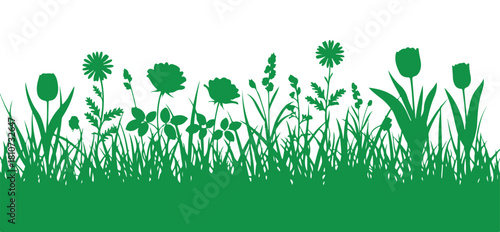 Silhouetted flowers and grass on a green backdrop.