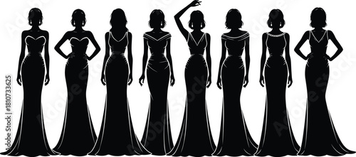 Elegant Fashion Models Posing in Long Evening Gowns Vector Silhouette Collection Isolated on White Background