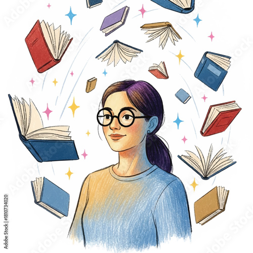 A young woman with glasses smiles surrounded by floating, open books and sparkling stars, representing knowledge, learning, and imagination.