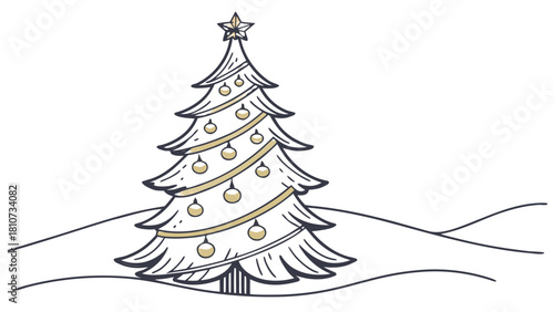 Christmas tree decorated with ornaments and a star topper standing in a snowy landscape scene drawing