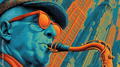 Jazz Musician Playing Saxophone Against a Vibrant Cityscape in a Retro-Futuristic Style