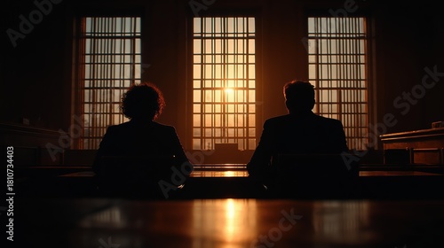 Silhouetted Figures of Defendant and Lawyer in Courtroom During Golden Hour with Sunlight Streaming Through Tall Windows