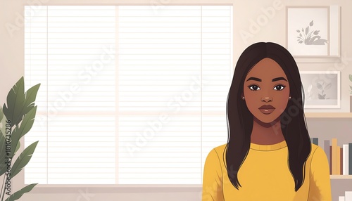 Illustration of a Young Black Woman with Long Hair in a Bright Room