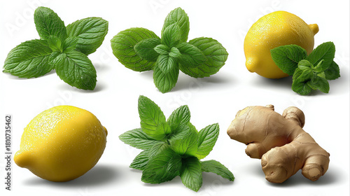 Fresh mint, bright lemons, and ginger root on white background.
