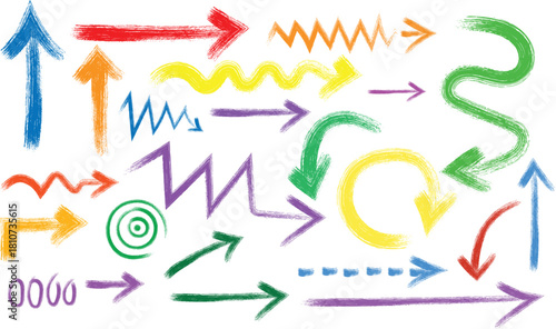 Colorful hand drawn brush stroke arrows set on white background