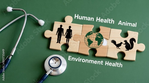 Fototapeta Naklejka Na Ścianę i Meble -  Promoting global health awareness with puzzle pieces showing people, earth, and animals alongside a stethoscope on a green background