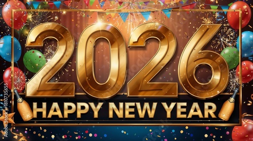 2026 Happy New Year: Gold Numbers, Celebration Design, Festive Background