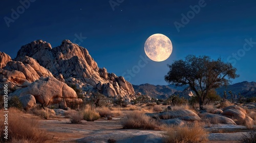 Wallpaper Mural Large moon shining over barren rocky landscape concept. A serene desert landscape under a glowing full moon at night. Torontodigital.ca