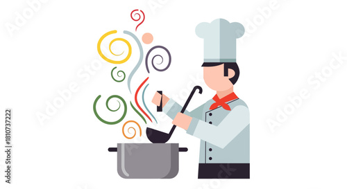 Professional chef character stirring a simmering pot, with colorful swirls of aroma, representing gourmet cuisine