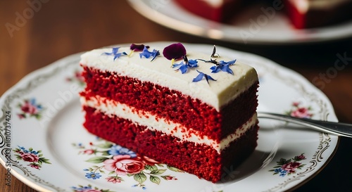 Delicious Slice of Red Velvet Cake with Cream Cheese Frosting and Edible Flowers.
