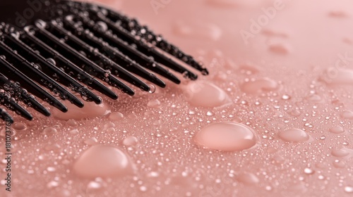 A close-up of a black comb resting on a pink surface, adorned with droplets of water that create a fresh and clean aesthetic.