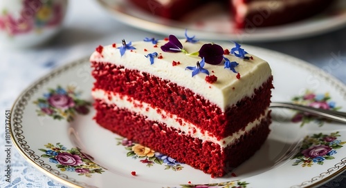 Delicious Slice of Red Velvet Cake with Cream Cheese Frosting and Edible Flowers on a Plate