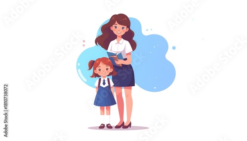 Teacher and student standing together with a book, illustrating education and learning in a school environment