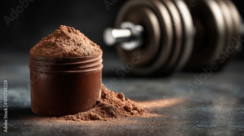 A dark background features a jar of protein powder with a mound of powder beside it, and a dumbbell blurred in the background, suggesting fitness and health.