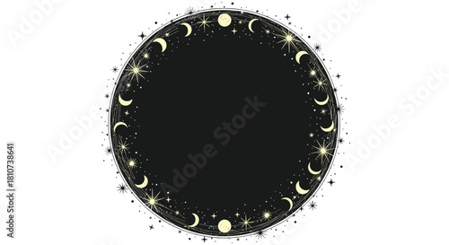 Mystical Celestial Moon Phases and Stars Round Frame.