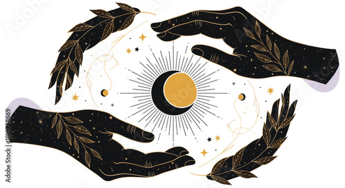 Mystical Hands with Celestial Elements and Sun Moon Symbolism.