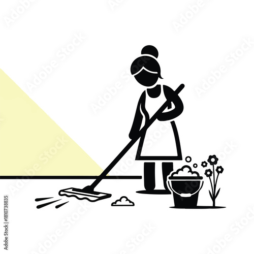 A stick figure woman in an apron is mopping a floor with a bucket of soapy water and flowers nearby.