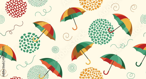 Colorful Umbrella Pattern Whimsical Design with Abstract Dotted Circles and Swirls.