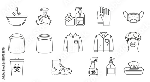 Medical Safety Equipment Icon Set - Line Art PPE for Healthcare, Lab, and Pandemic Prevention
