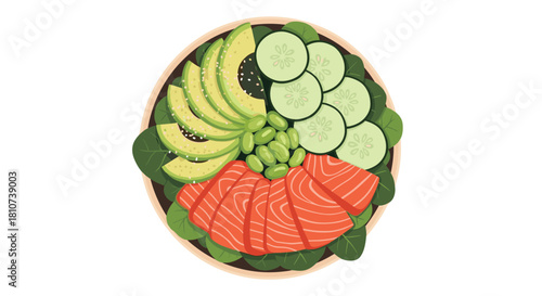 Delicious and healthy poke bowl with fresh salmon and vegetables.