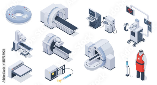 Medical diagnostic equipment isometric icon set for digital healthcare industry presentations and web design projects