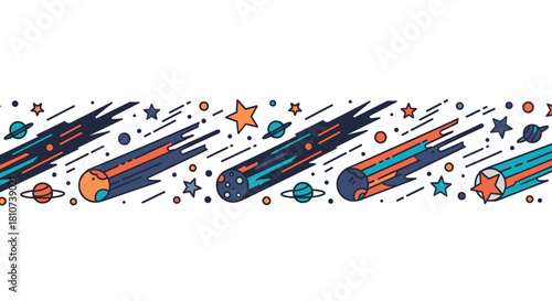 Colorful Comets and Stars in Space Seamless Border Illustration.