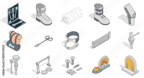 Orthopedic Surgery Medical Icon Set: Isometric Illustration of Fracture Repair, Rehabilitation and Surgical Equipment
