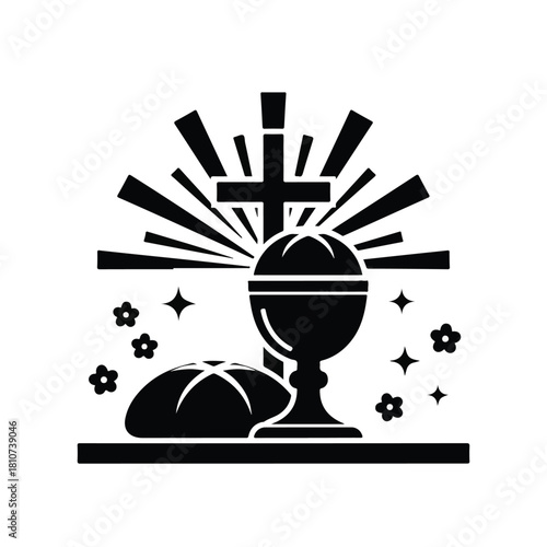 Symbolic black and white illustration of a chalice, bread, and cross with radiating light, representing Christian communion.