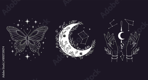 Mystical Celestial Butterfly Moon and Hands with Stars Vector Set.