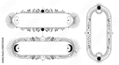 Elegant celestial frames with mystical sun moon and star motifs.