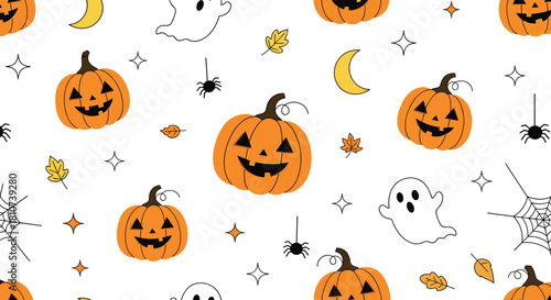 Halloween seamless pattern with cute pumpkins ghosts and spiders.