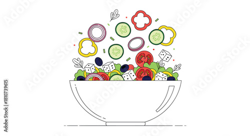 Fresh Vegetable Salad Falling into Bowl Healthy Eating Concept.