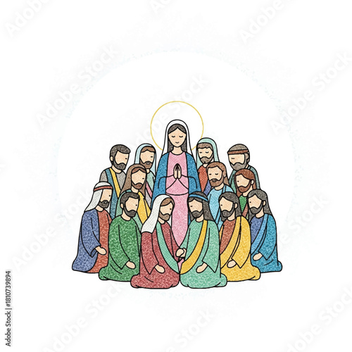 Illustration depicting the Virgin Mary surrounded by the Apostles, with a halo above her head, in a gathering.