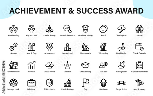 Achievement and Success Award icons. growth leadership badges ratings research elements and professional achievement modern minimal style collection.
