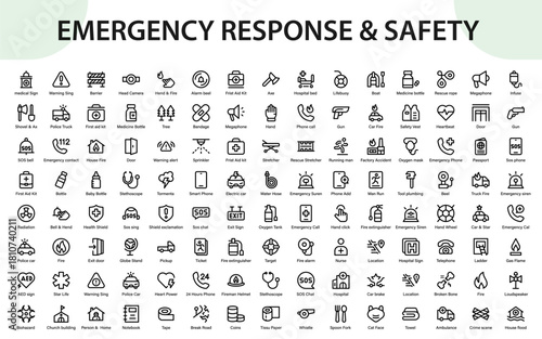 Emergency response And safety icons. featuring disaster safety, medical rescue, fire protection, police alerts, and essential hazard symbols