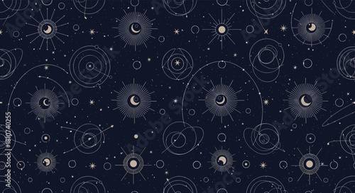 Celestial Night Sky Pattern with Sun Moon and Stars.