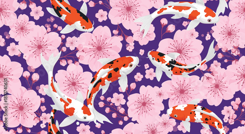 Vibrant Koi Fish and Cherry Blossoms Pattern.