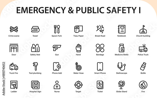 Emergency and public safety icons. ambulance, stretcher, emergency contact, fire, and critical safety indicators icon set.