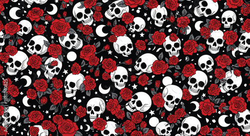 Gothic Skull and Red Rose Pattern with Celestial Elements.