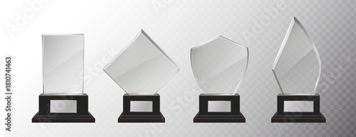 3d realistic vector icon illustration. Glass winner trophy in different shapes with silver plate. Isolated.