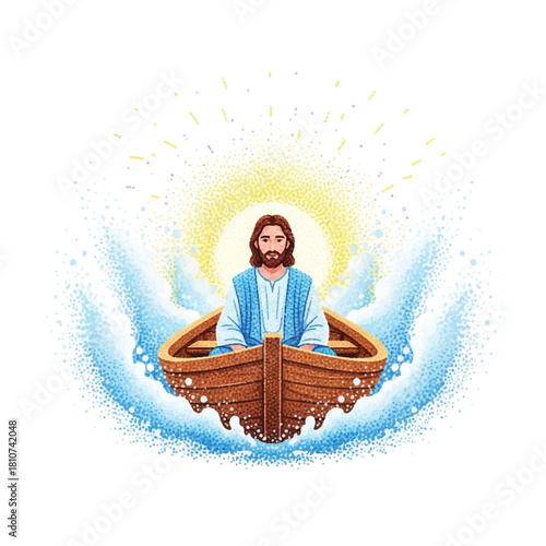 Illustration of Jesus Christ sitting calmly in a wooden boat amidst a storm, with a bright light shining behind him.
